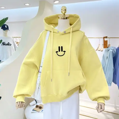 2023春秋简约植绒笑脸后背韩版宽松大码连帽卫衣女帽衫外套休闲商品大图
