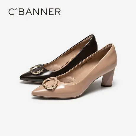 千百度尖头粗高跟鞋女百搭气质新款牛漆皮通勤法式浅口单鞋商品大图