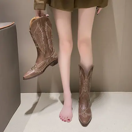 永希棕色v口长筒靴女夏季2023粗跟尖头西部牛仔靴新款显瘦骑士靴商品大图