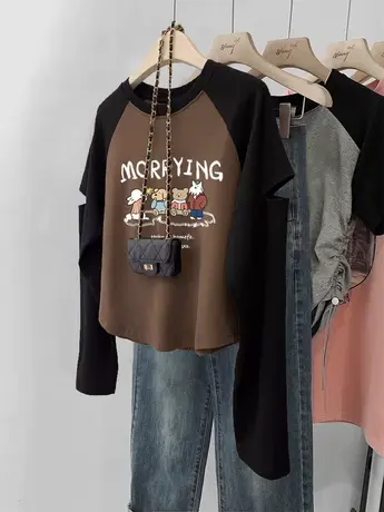 插肩长袖T恤女高街hiphop大码卡通减龄正肩打底衫ins潮断袖上衣秋商品大图