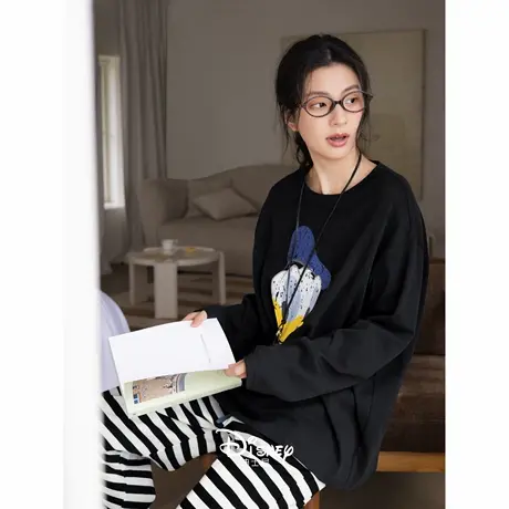 迪士尼睡衣女春秋季新款圆领长袖柔软棉套装可爱唐老鸭宽松家居服商品大图
