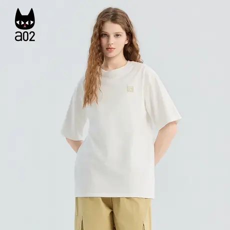 a02黑猫系列宽松圆领纯棉短袖T恤女2025新款秋季白色半袖秋装上衣商品大图
