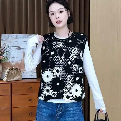 花朵镂空重工叠穿针织马甲女2025秋季新款韩版宽松无袖钩花上衣图片