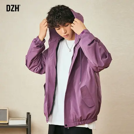 男士紫色连帽外套男春秋潮高级感男装2023新款休闲工装夹克冲锋衣商品大图