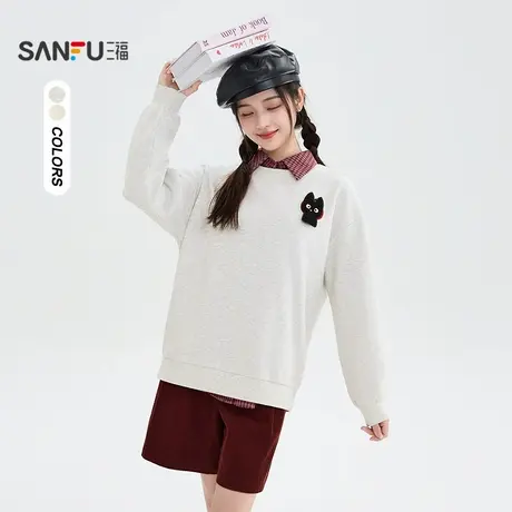 三福卫衣2025冬季小猫魔术贴苹果图案圆领上衣女装510611商品大图
