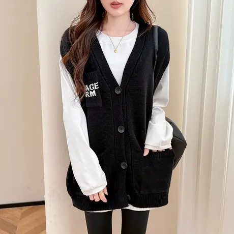 唐狮秋冬毛衣女休闲设计宽松V领开衫马甲春秋红色费尔岛外套TD图片