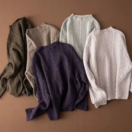 享永子【艺术画廊】纤绒纱立体绞花圆领毛衣 宽松套头上衣女商品大图