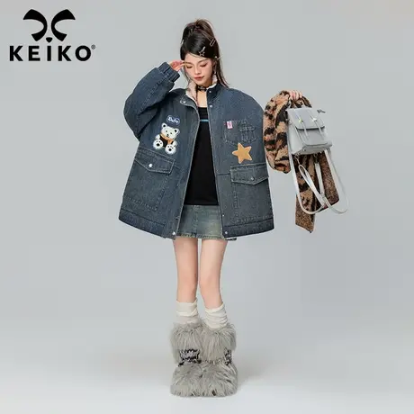KEIKO [正反两穿] 羊羔毛绒牛仔外套女2023冬季复古加绒加厚棉服商品大图