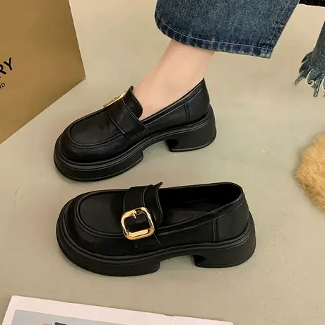 乐福鞋女2023新款秋季一脚蹬大头粗跟鞋子法式爆款气质哑光小皮鞋商品大图