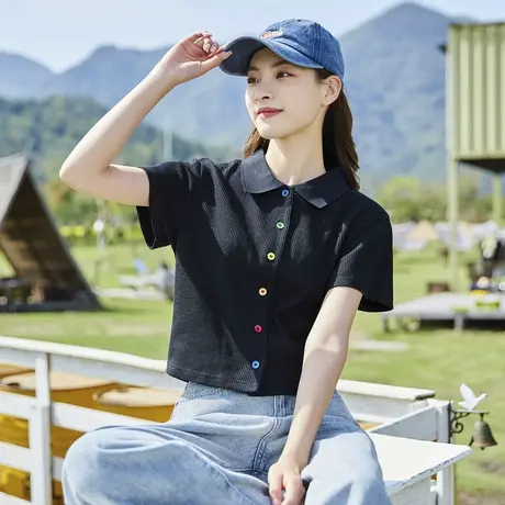 唐狮夏短袖t恤女别致短款粉色上衣设计感小众甜美polo衫打底衫潮商品大图