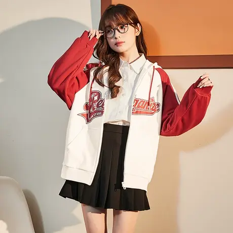 唐狮红色复古开衫卫衣女士春秋季连帽拼接卫衣外套ins设计感上衣图片