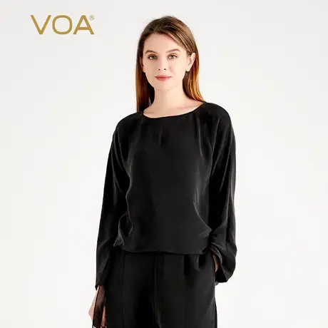 VOA30姆米重磅桑蚕丝黑色圆领长袖宽松百搭基础潮流宽松真丝T恤衫图片