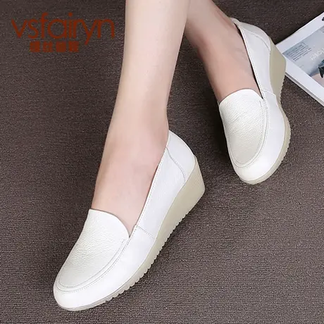 真皮新款中口女单鞋白色护士鞋低跟鞋坡跟孕妇鞋春秋鞋牛筋底图片