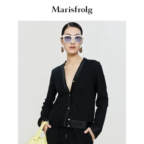 【立体3D针织提花】玛丝菲尔女装春装新款黑色羊毛针织开衫图片