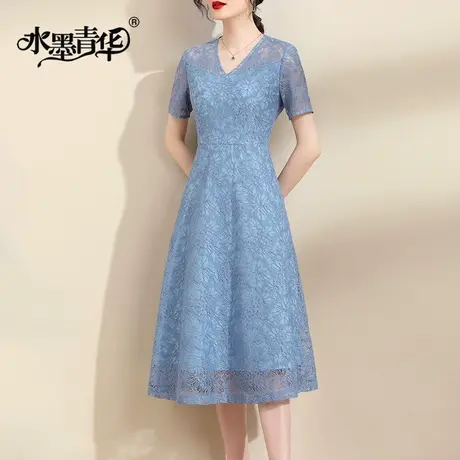 水墨青华2024夏装新品时尚百搭短袖大摆裙优雅中长款蕾丝连衣裙商品大图