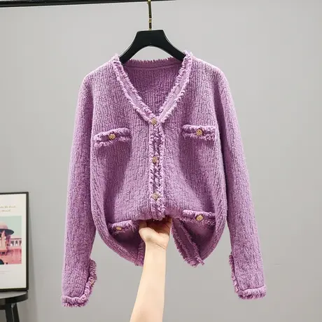 2023春秋新款韩版宽松纯色V领小香风针织衫毛衣外套百搭上衣女士商品大图