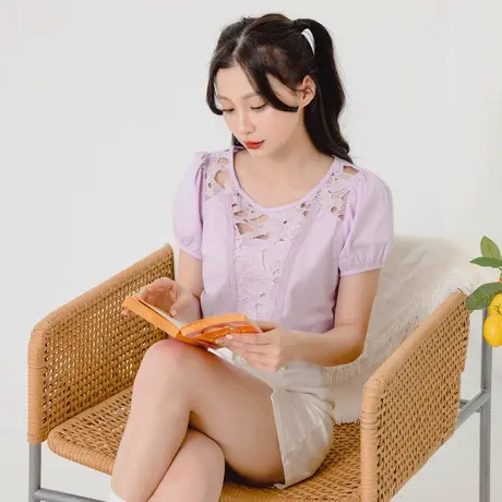 桔熊夏季温柔复古镂空蕾丝棉麻衫泡泡袖上衣女胖妹妹大码AB17163图片