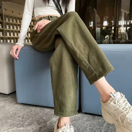 军绿色牛仔裤女春秋季2024宽松直筒裤子小个子显瘦高腰哈伦老爹裤商品大图