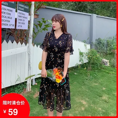 【清仓】新款V领显瘦雪纺花色中长款过膝茶歇气质大码胖MM连衣裙商品大图