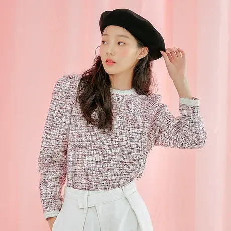 韩都衣舍小香外套女2022秋冬款复古温柔粗花呢泡泡袖外套PS10010图片