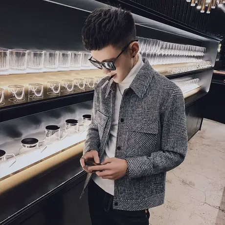 秋季男士社会小伙新款呢子西服毛呢短款修身夹克社会小伙潮牌外套图片