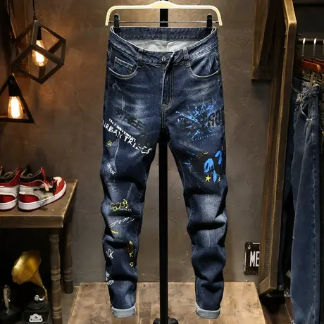 2021夏季新款男装小直筒潮牌深蓝色牛仔裤男士潮流印花裤子男长裤商品大图