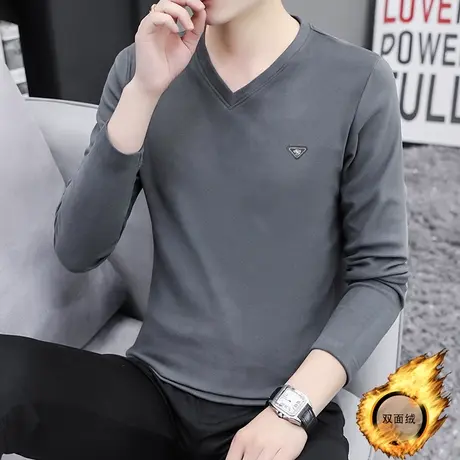 长袖T恤男春秋季加绒上衣V领加厚打底衫双面绒卫衣秋装内搭秋衣潮商品大图