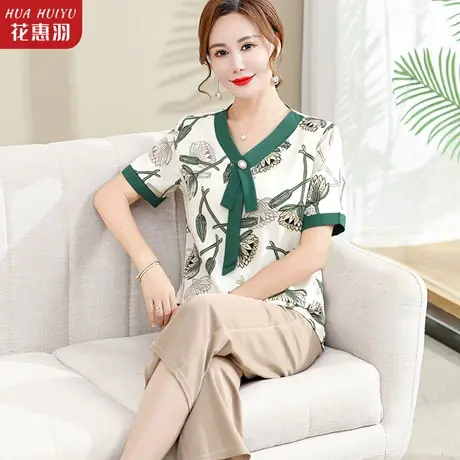 中年妈妈夏装套装洋气雪纺小衫短袖上衣中老年女装夏季新款两件套图片