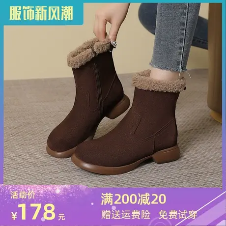 磨砂真皮大码女靴41一43冬季短靴女2023新款棉靴显脚小加绒靴子商品大图