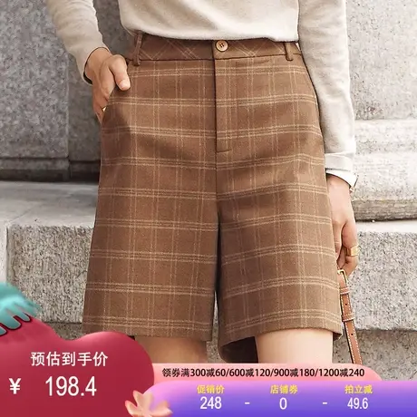 毛呢短裤2023春季新款高腰时尚大码宽松休闲阔腿裤百搭格子靴裤女图片