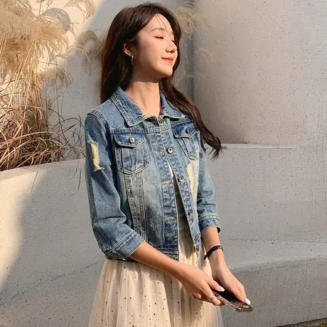 牛仔外套女春秋短款修身韩版新款显瘦七分袖上衣ins潮牛仔衣1商品大图