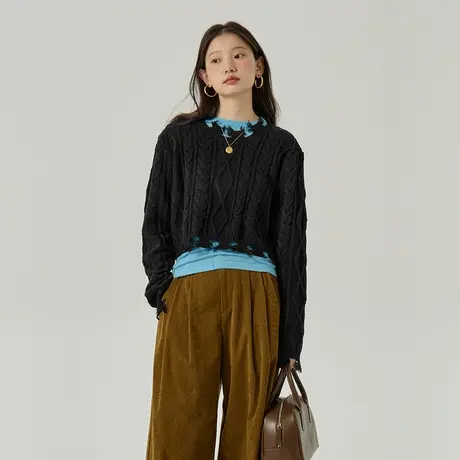 omont蛋挞家 复古慵懒毛衣女2023秋冬新款设计感套头短款针织衫图片