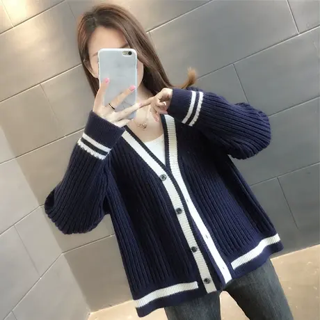 2023复古针织开衫春秋季新款V领学生毛衣百搭外套时尚女装宽松商品大图