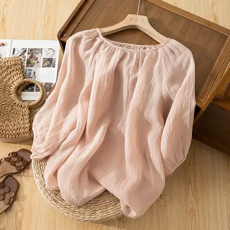 享永子七分袖苎麻小衫女夏文艺复古宽松显瘦棉麻T恤百搭2023新款商品大图