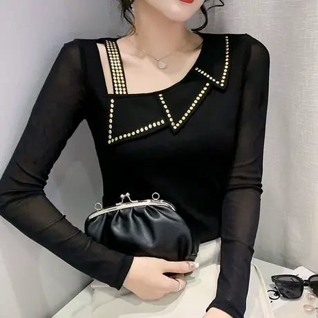 性感镂空露锁骨T恤女长袖早秋新款上衣ins网纱拼接打底衫内搭体恤商品大图