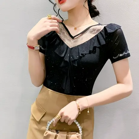 时尚荷叶边T恤女短袖欧货夏性感网纱小衫重工烫钻上衣紧身V领体恤图片