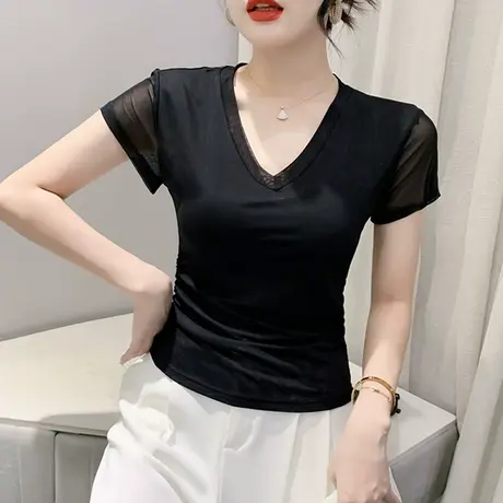 性感黑色网纱T恤女短袖2024夏装新款百搭简约小衫修身显瘦V领上衣图片