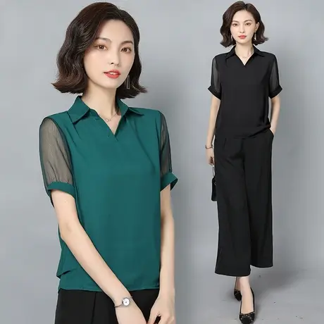 2023夏季新款雪纺衬衫女短袖中年妈妈时尚洋气小衫遮肚大码女上衣商品大图