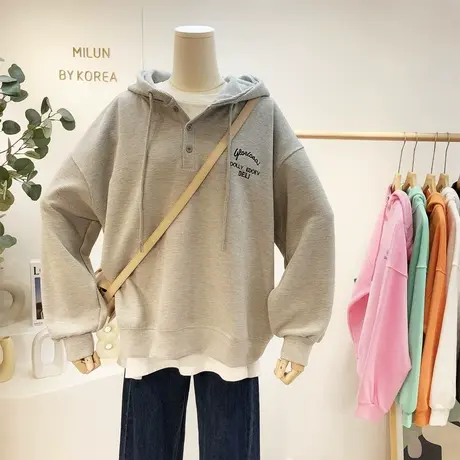 2021秋季新款韩国东大门慵懒风连帽卫衣灰色百搭宽松休闲外套大码商品大图