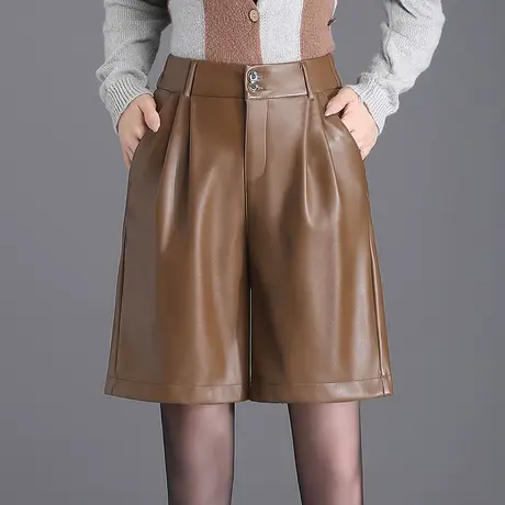 加绒PU皮裤高腰五分裤韩版显瘦阔腿裤秋冬季2023新款时尚休闲短裤商品大图