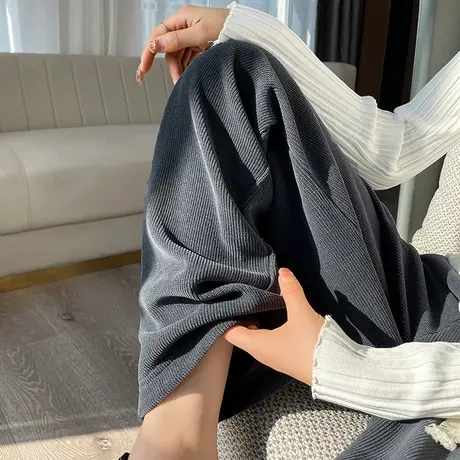 洋气灰灯芯绒阔腿裤女2023年春秋新款高腰直筒宽松休闲条绒拖地裤商品大图