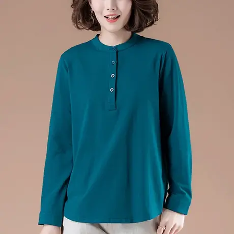 长袖t恤女春秋加肥加大码女装宽松中年妈妈全棉遮肚子显瘦打底衫商品大图