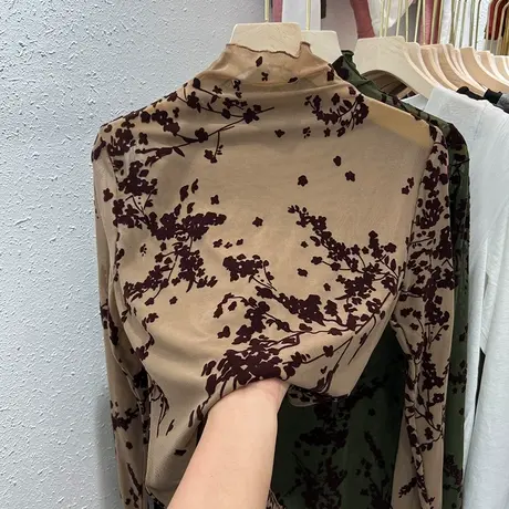 植绒网纱高领打底衫女春秋2023新款百搭洋气薄款微透长袖内搭上衣商品大图