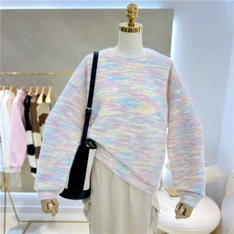 秋季百搭新款宽松显瘦马海毛彩色2023小众圆领套头卫衣女上衣休闲图片