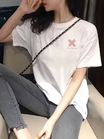 ins潮流时尚印花圆领短袖t恤女宽松韩版中长款bf风白色薄款上衣夏商品大图