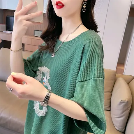 小众设计感华夫格短袖t恤女夏装韩版宽松大码中长款蕾丝拼接上衣商品大图