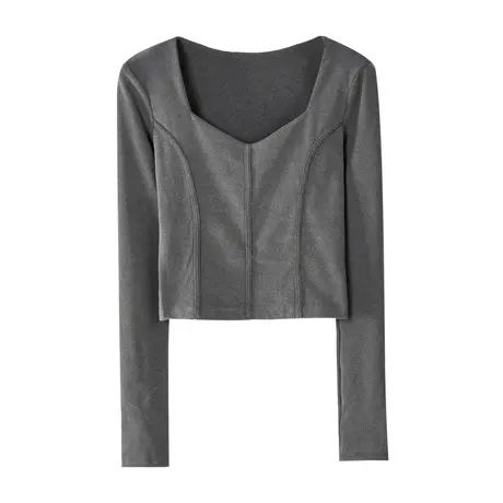 早春季方V领T恤灰色内搭长袖打底衫网红上衣法式宫廷领短款高腰女商品大图