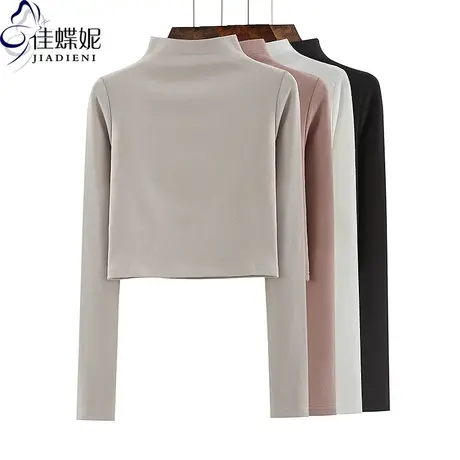 早秋新款半高领修身短款高腰纯欲性感辣妹纯棉长袖体恤上衣女打底商品大图