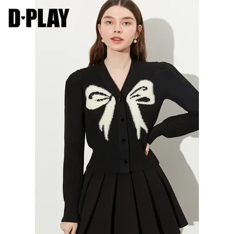 DPLAY2025春季新款黑色毛衣女甜美撞色蝴蝶结针织开衫外套长袖商品大图