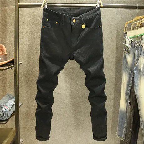 欧洲站轻奢男士牛仔裤夏季修身小脚裤高端大牌印花黑色休闲裤子男商品大图
